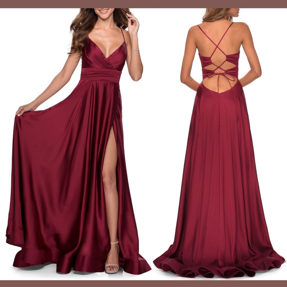 NWD $358 La Femme [ 0 ] Satin Empire Waist Gown‎ in Wine Red #Q148